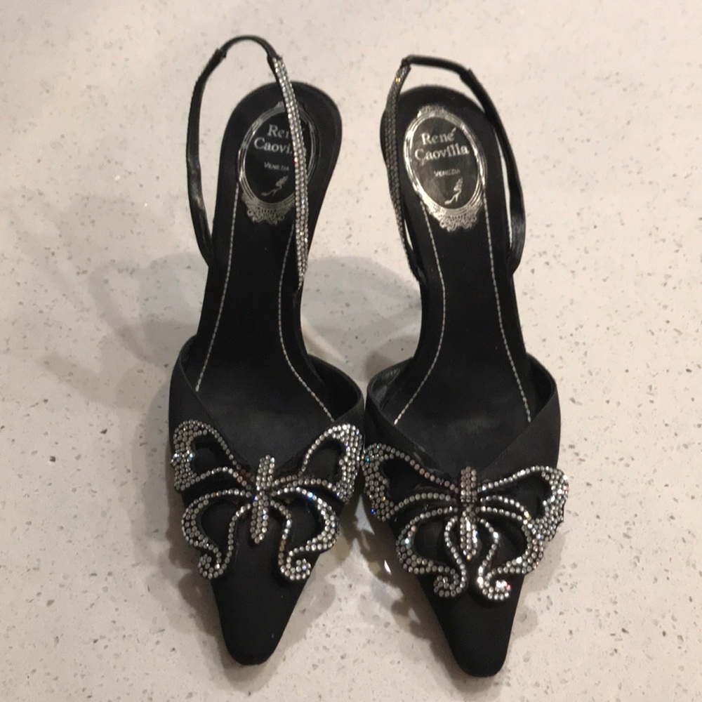 Rene Caovilla Black Slingback Heels with Crystal Butterfly Embellishment